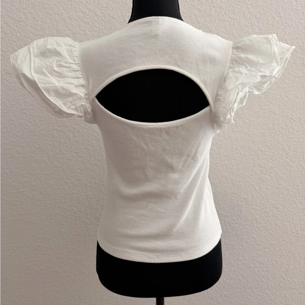 ZARA White Ribbed Knit Ruffle Sleeve Top | 100% Cotton Puff Sleeve Blouse